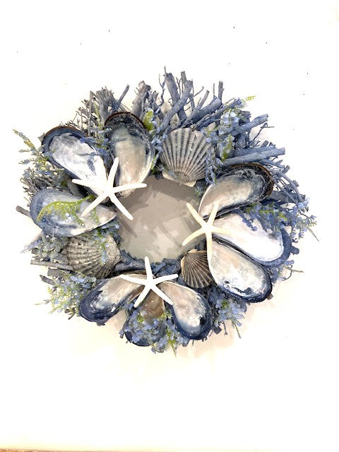 13"D x 3"D Blue Twig, Shell Wreath with Local Shells