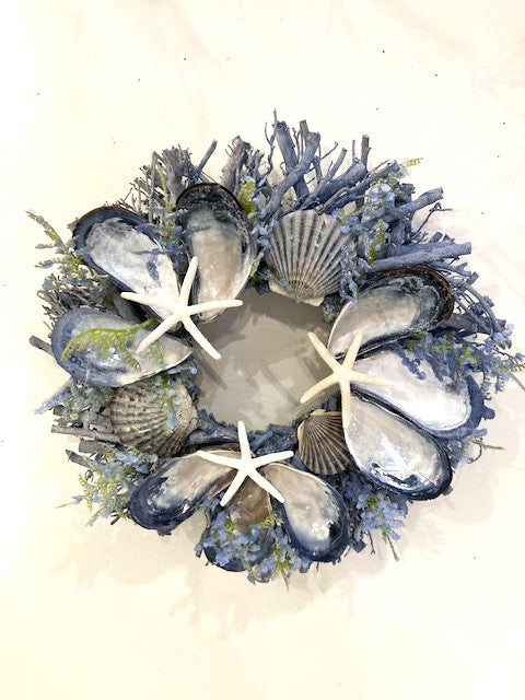 13"D x 3"D Blue Twig, Shell Wreath with Local Shells