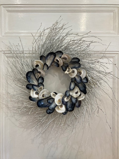 24" White Twig, Shell Wreath with Local Blue Mussels and Local Oyster Shells