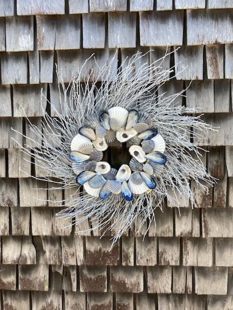 24" White Shell Wreath with blue mussel, oyster and scallop shells