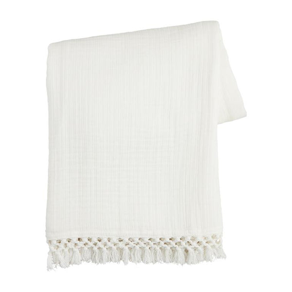 Lightweight muslin throw blanket with macrame fringe, Available in taupe or cream