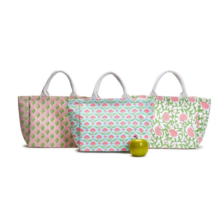 Floral Block Print - Thermal Lunch Tote Bag Your Choice Assorted 3 Patterns - Cotton Canvas