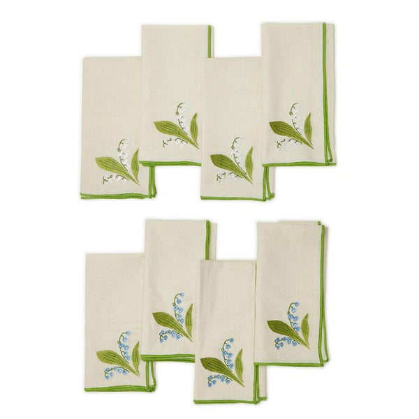 Set of 4, Embroidered Lily of The Valley Napkins - Your Choice of Blue or White