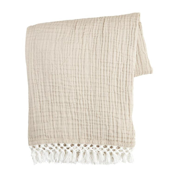 Lightweight muslin throw blanket with macrame fringe, Available in taupe or cream