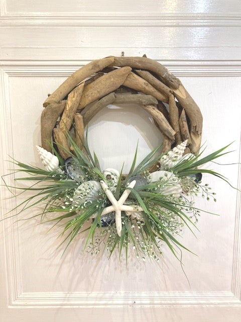 Driftwood Wreath with Grasses, Local Shells, White Spirals and a Finger Starfish