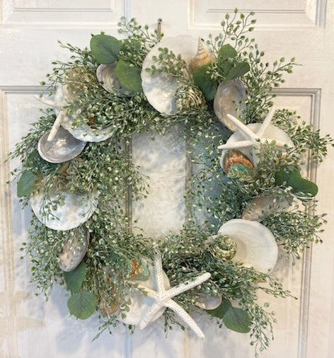 22" Shell  Wreath with Abalone, Scallop, Mussel Shells and Finger Starfish