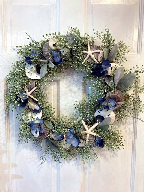 24" Luna Shell Wreath with Native Blue Mussel Shells and Deep Blue Hydrangea