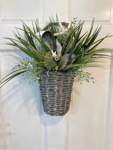 18"H x 18"W Grey Washed, Shell Basket with Grasses and Native Shells