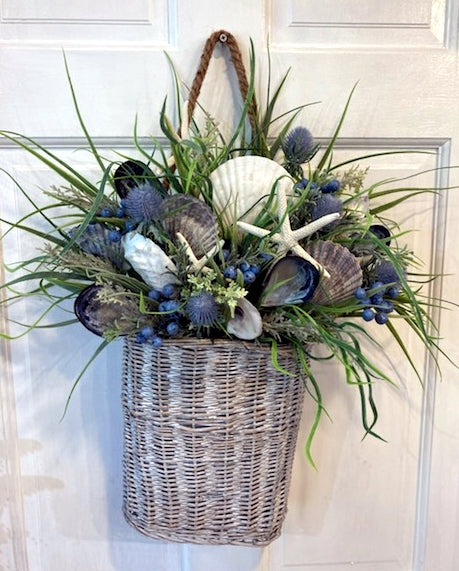 22" H x 22"W  Whitewashed Shell Basket with Local Shells, Grasses and Blueberries