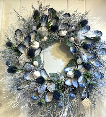 28" White Shell Wreath with Blue Mussels, Thistle, Scallop Shells and Cinerus Shells