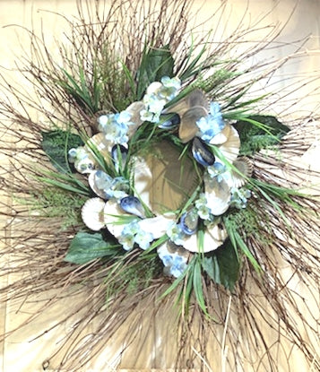 26" to 30" Shell Wreath with Blue Hydrangea, Local Shells and Fern Tips