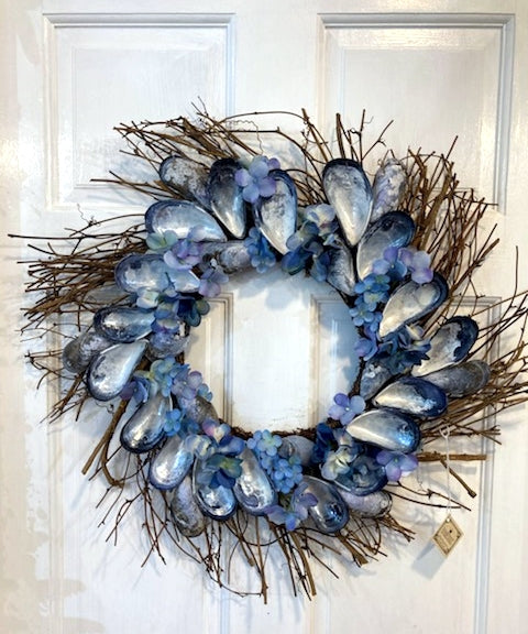 24" Low Profile Shell Wreath Featuring Local Blue Mussel Shells