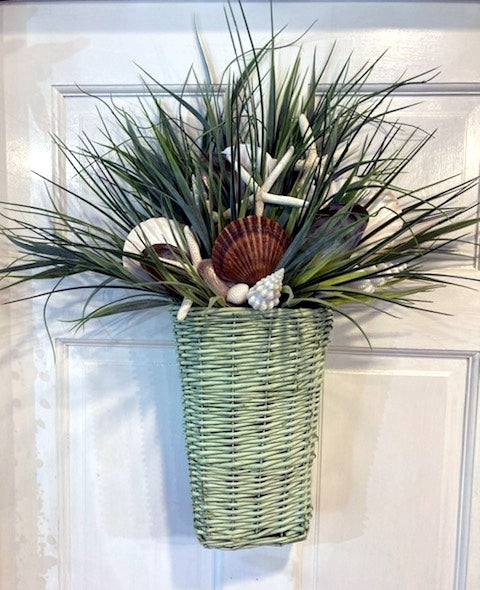 Green Shell Basket with Faux Grasses and Shells
