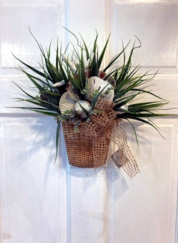 Small Nantucket Style Wall Basket with Grasses, Shells and a Natural Woven Bow