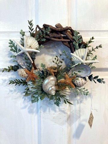 12" Shell Wreath Designed on a Driftwood Base with Shells & Starfish