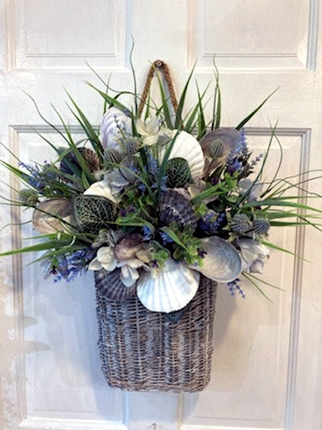 White Washed Shell Basket with Sprigs of Lavender, Thistle, Grasses and Shells