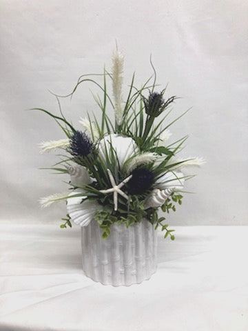 16"H x 14"W White, Bamboo Ceramic Container with Shells, Grasses and Deep Blue Thistle