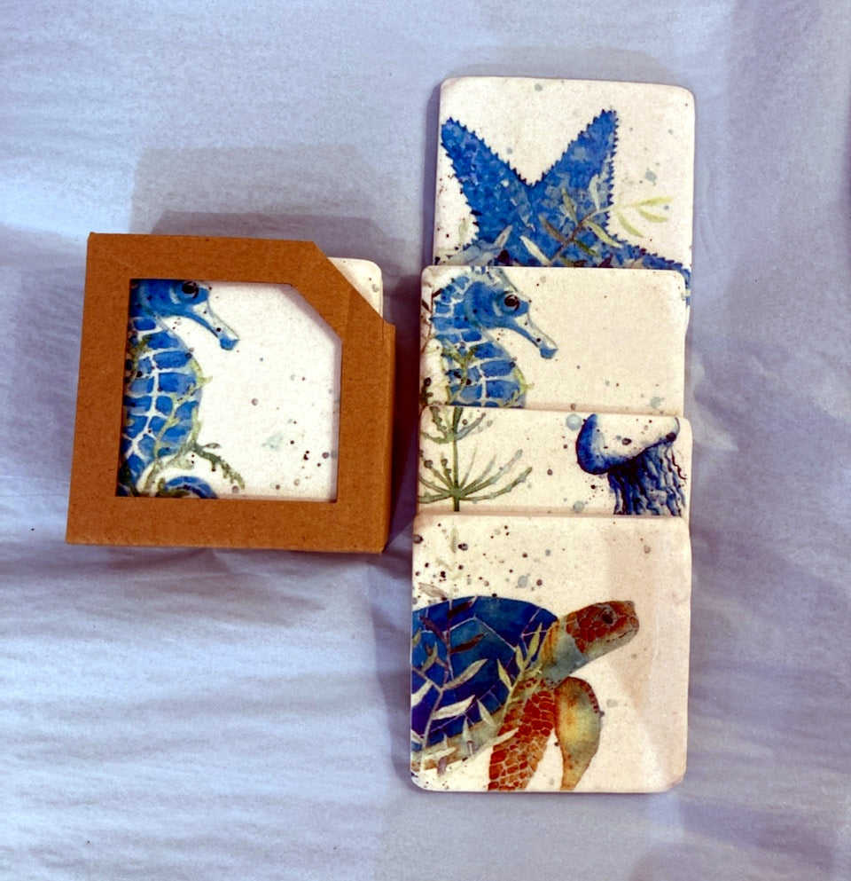 Set of  Four Soapstone Coasters with  Sea Life Images