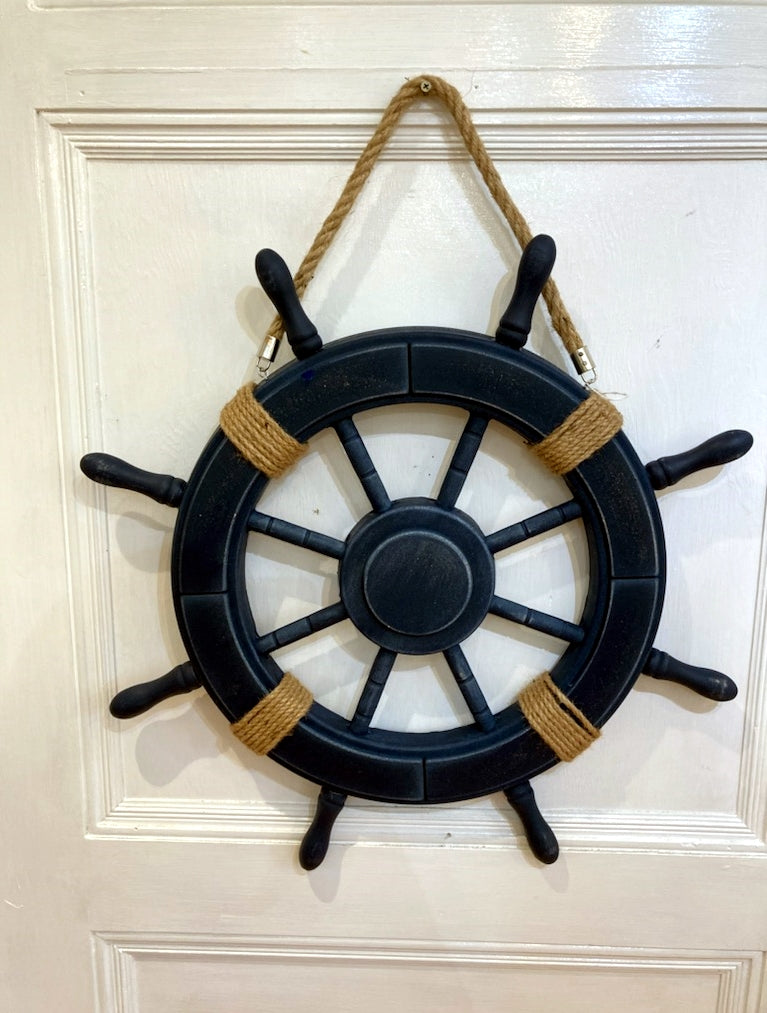 Wooden Ships Wheel in Rich Navy Blue with Natural Jute Hanger