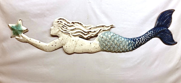 Metal Mermaid Wall Decor, 40"L x 10"W  Ombre Ivory to Blue