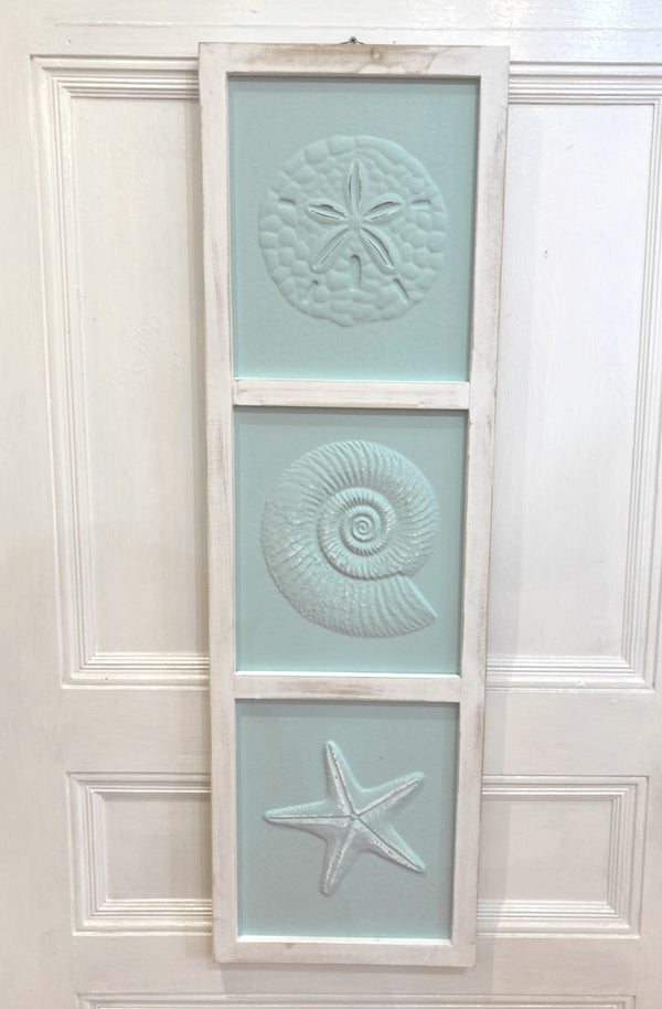 39"H x 12"W Metal Sand Dollar, Nautilus, Starfish Wall Decor in White Distressed Frame, Hang Vertically or Horizontally