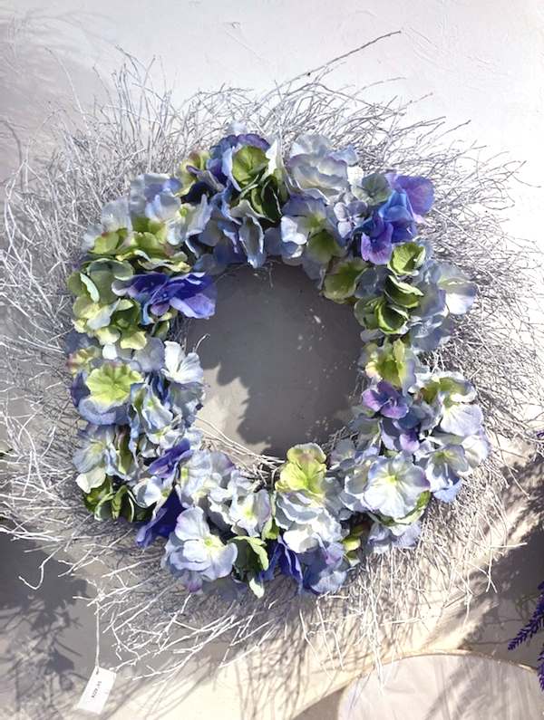 28" Blue & Light Green Hydrangea Wreath on a White Twig Wreath Base