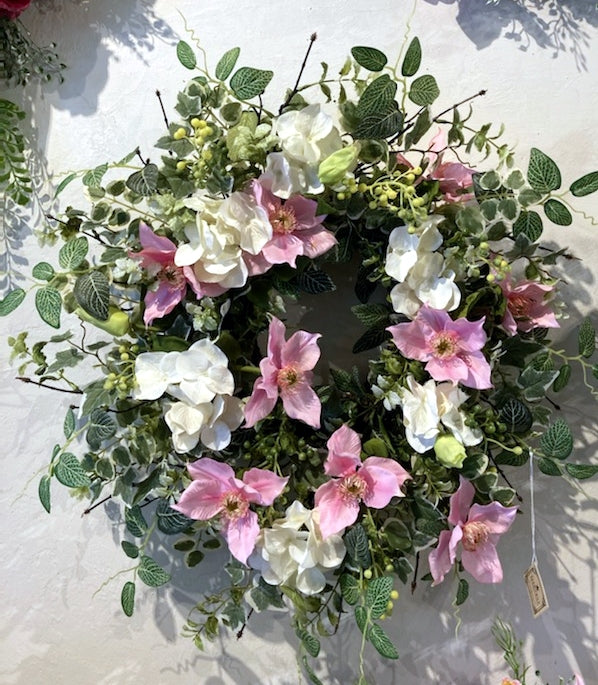 18" Wreath with Variegated Leaves, Pink Clematis and White Hydrangea