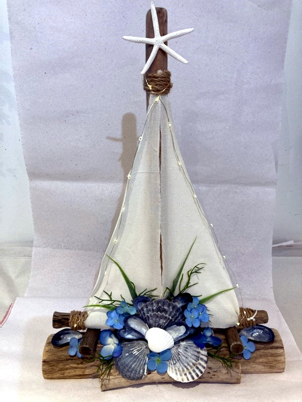 20"H Wooden Sailboat with Blue Hydrangea, Local Shells and Warm LED Lights