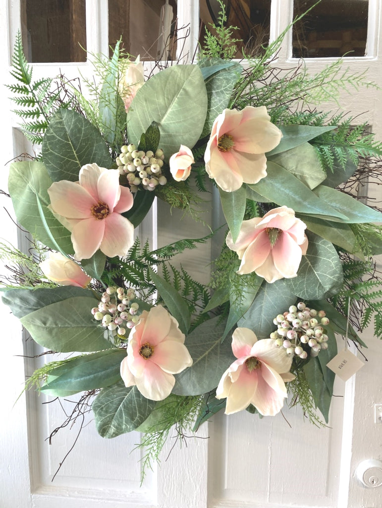 24" Pink Magnolia Wreath with Tree Eucalyptus, Fern Sprigs and Berries