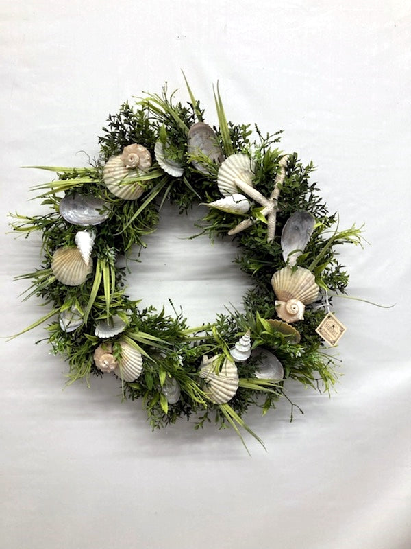 20"D Seaside Wreath with Green Grasses and Local Shells