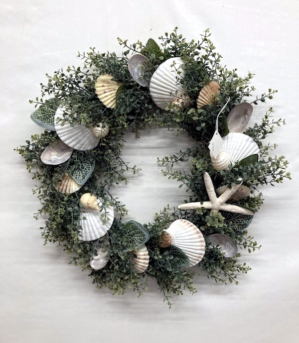 20" Boxwood Wreath with White Baking Dish Shells, Scallop and Tona Shells and Variegated Leaves