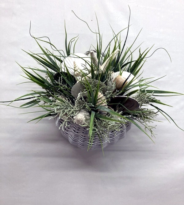 16'H x 20"W  White Wicket Bib Basket with Curled Grasses, Sage Grasses and Shells