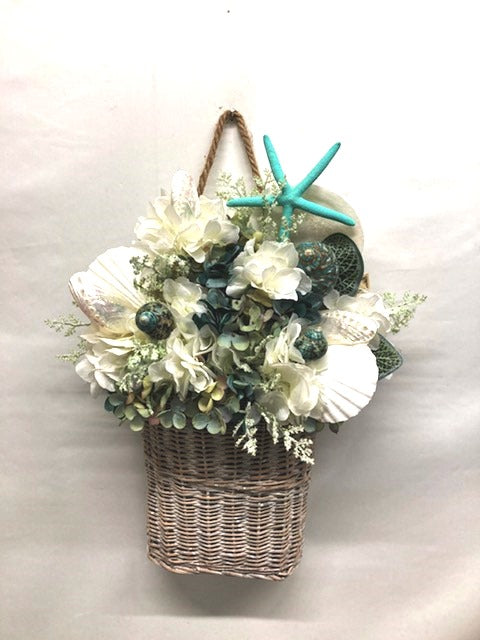 24"H White Washed Basket with White & Teal Hydrangea and Shells