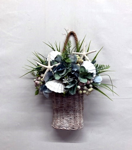 14"H Whitewashed Basket with Teal Hydrangea, Aqua Berries and Shells