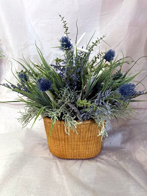 18"H x 16"W Nantucket Basket Arrangement with Grasses, Spanish Moss, Blue Thistle and Shells