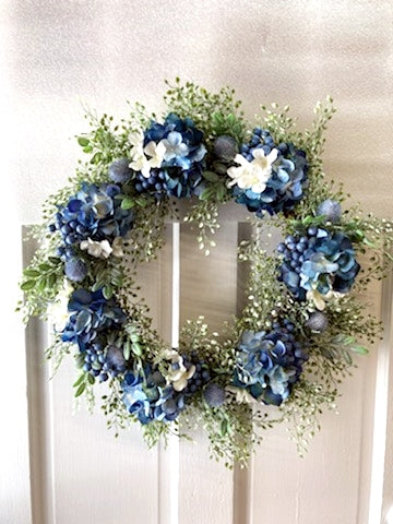 21" Navy and White Hydrangea Wreath with Blueberries and Blue Thistle