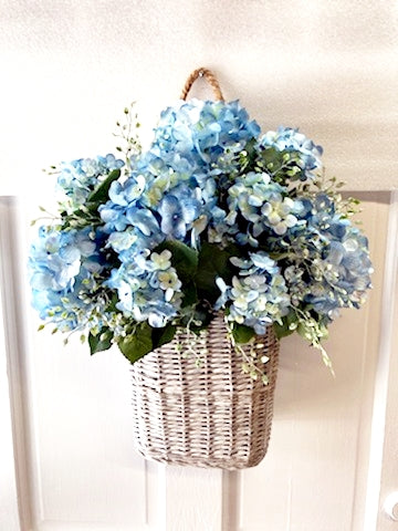 23"H Whitewashed Basket with Blue Hydrangea