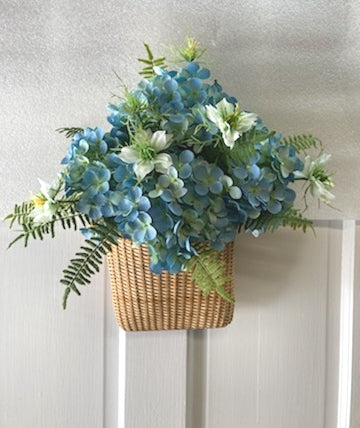 16" H  Nantucket Style Basket with Teal Hydrangea, White & Green Scabiosa