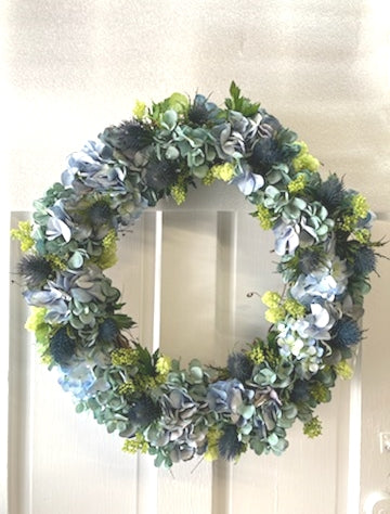 23" Circle of Hydrangea Wreath with Blue Hydrangea, Blue Thistle and Green Verbena
