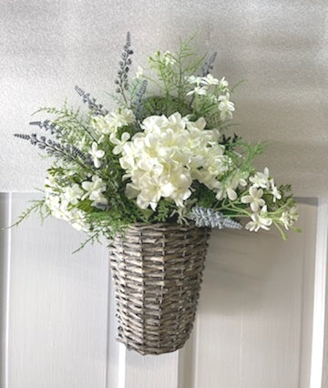 20"H x 16"W Grey Washed Basket with White Hydrangea, Lavender, Fern and White Phlox