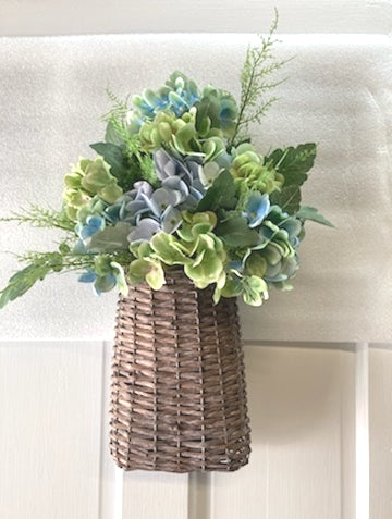 21"H x 14"W Basket with Hydrangea in Blue, Lavender, Aqua with Tiny Fern Tips