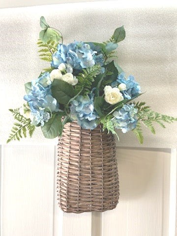 21"H x 15"H Hydrangea Wall Basket with White Ranunculus and Fern Tips - Sold 7-27-2022