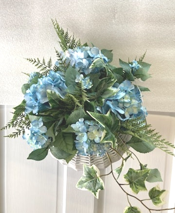 16"H x 14"W x "D White Wall Basket with Blue Hydrangea and  Ivy