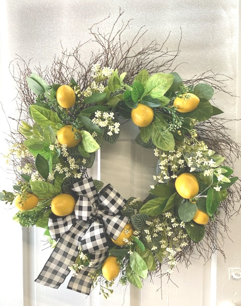 30" Nantucket Gray Wreath with Lemons, White Citrus Buds and a Black and White Check Bow