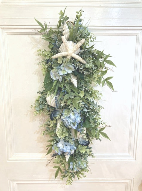 30"L x 13"W Vertical Swag with Eucalyptus, Blueberries, Blue Hydrangea and White Shells
