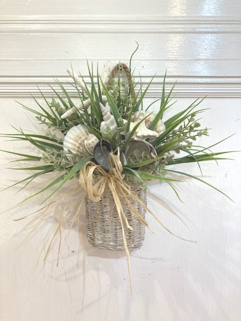 13"H x 12"W Whitewashed Basket with Shells, Grasses and a Raffia Bow