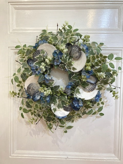 24"D Variegated Ivy Wreath with Blue Hydrangea, Local Sea Scallops and Mussel Shells