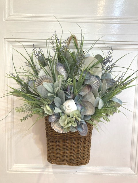 24"H Brown Basket with Lavender Hydrangea, Lavender and Local Shells