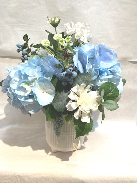 17" H x 15" W Blue Hydrangea Centerpiece with Blueberries, in a White Ceramic Container