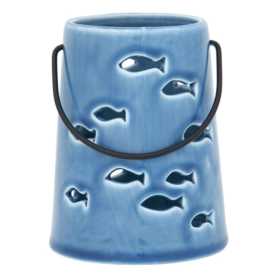 Blue Ceramic Candle Holder with Metal Handle